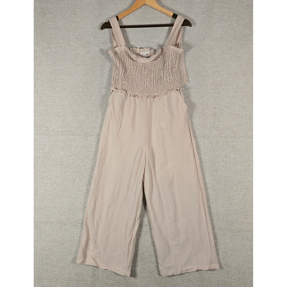 Blu Pepper Women Tan Smocked Wide Leg Jumpsuit CR1693 Large Boho Ruffle Strap